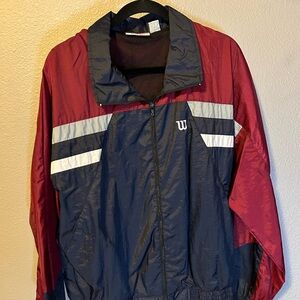 VintageWilson Men’s Navy and Burgundy Zip-Up Windbreaker with Reflective Stripes